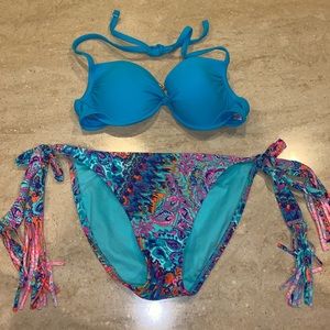 Xhiliration Push-up Bikini and Fringe Print Bottom